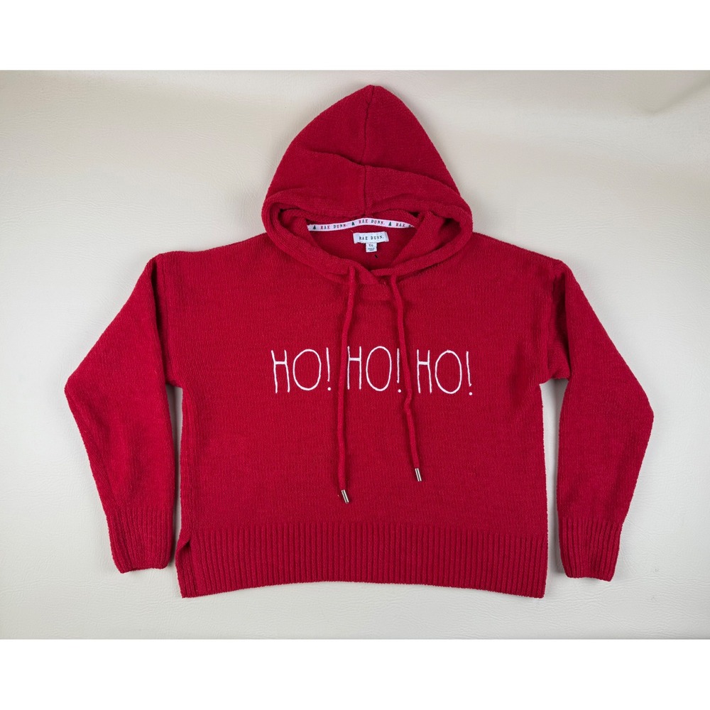 Rae Dunn HO! HO! HO! Hooded Sweater Large Red Christmas Holiday Cozy